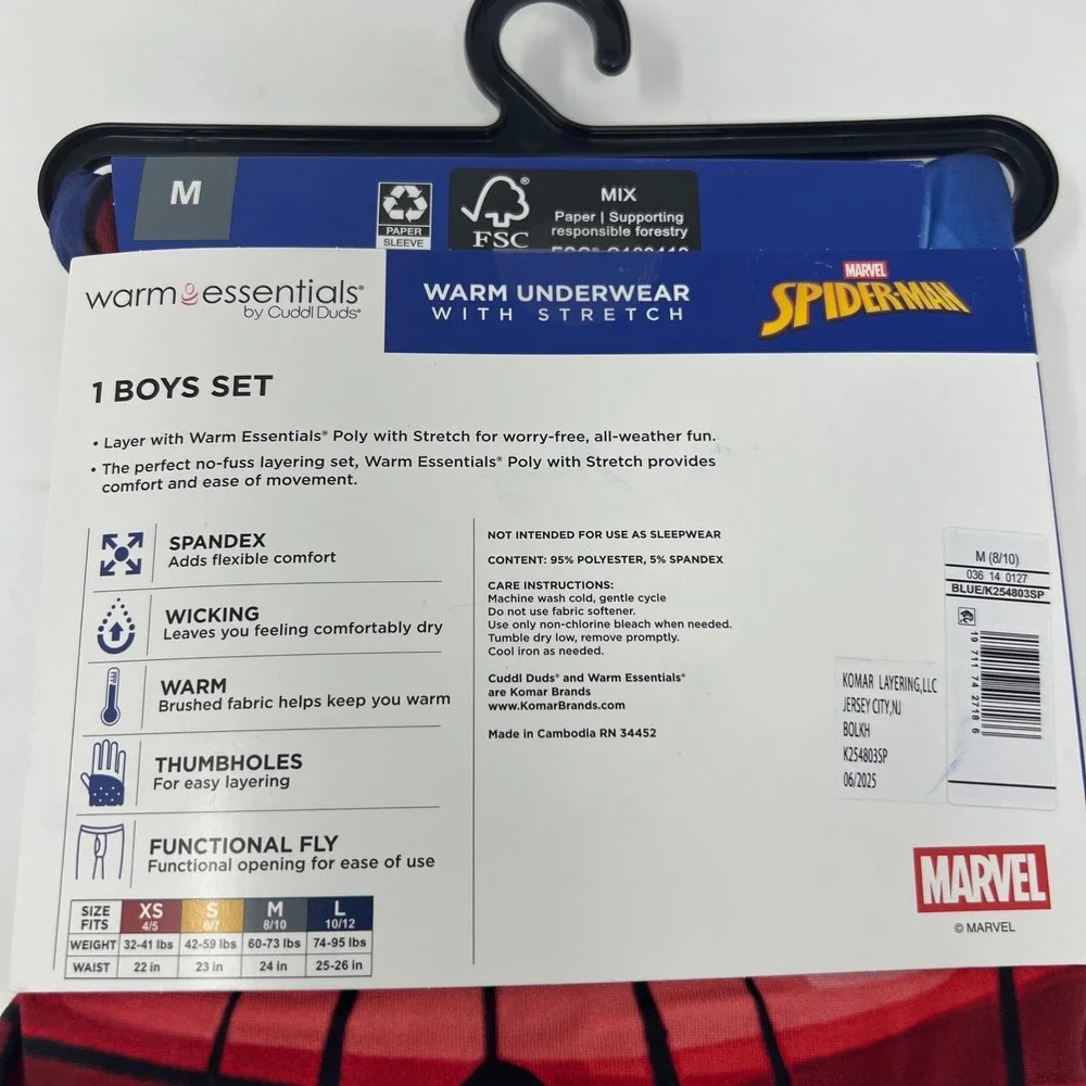 Warm Essentials Cuddl Duds Thermal Set Boys M 8/10 Blue Spider-Man Stretch Base